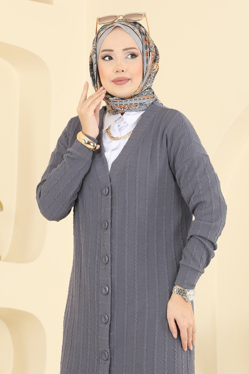 Twisted Knit Cardigan with Emblem - Charcoal