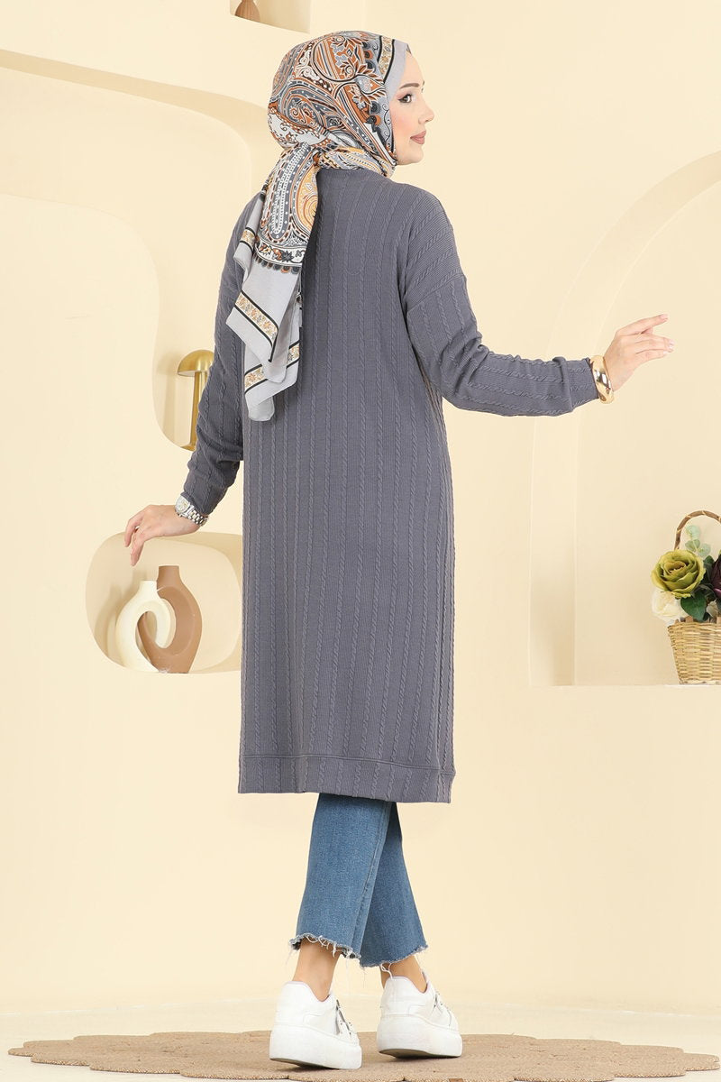Twisted Knit Cardigan with Emblem - Charcoal