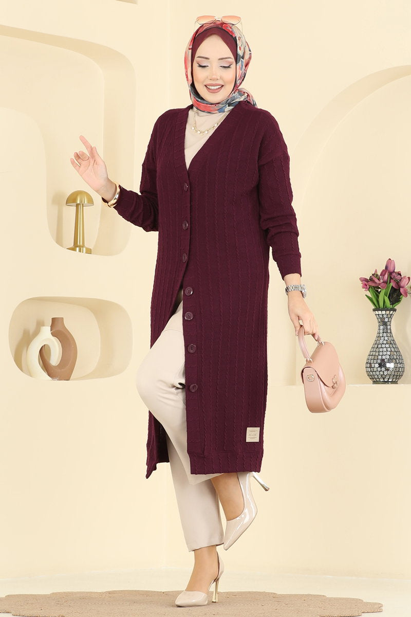 Twisted Knit Cardigan with Emblem - Burgundy