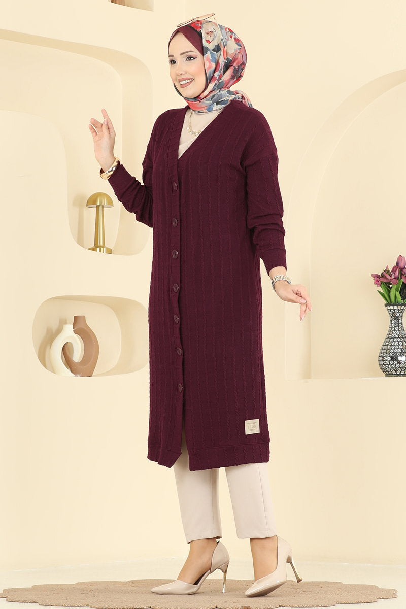 Twisted Knit Cardigan with Emblem - Burgundy