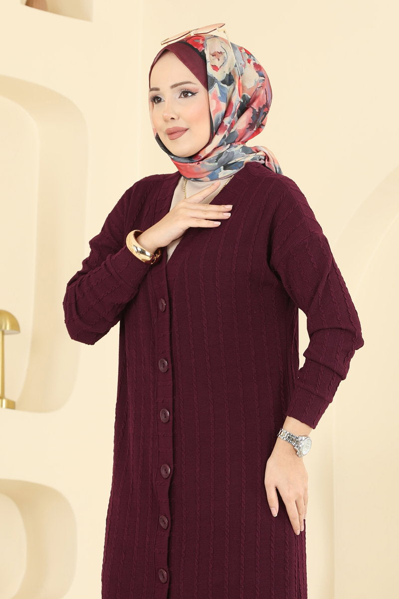Twisted Knit Cardigan with Emblem - Burgundy