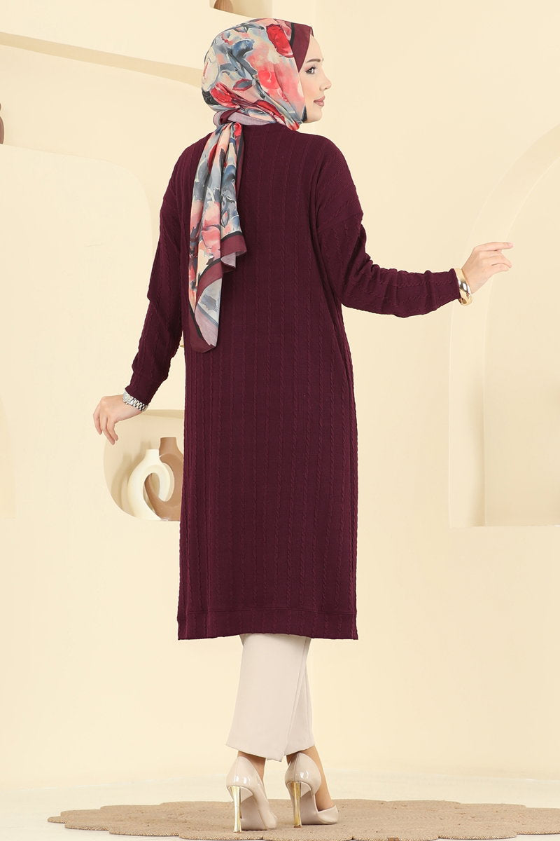 Twisted Knit Cardigan with Emblem - Burgundy