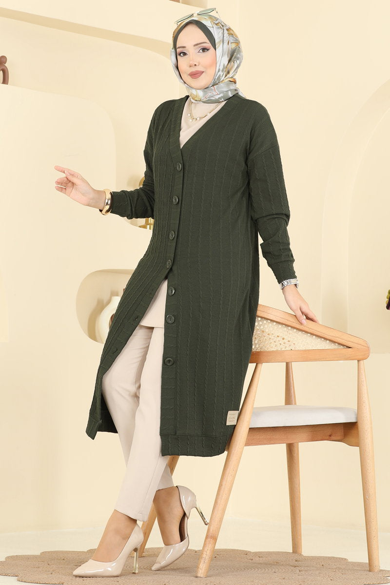 Twisted Knit Cardigan with Emblem - Khaki