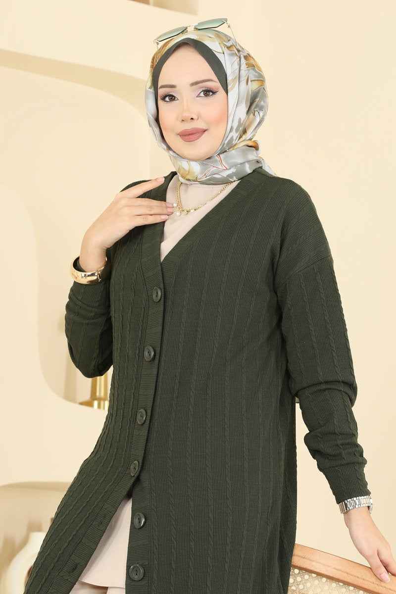 Twisted Knit Cardigan with Emblem - Khaki