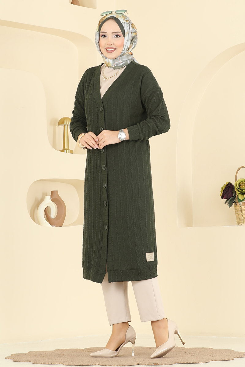 Twisted Knit Cardigan with Emblem - Khaki