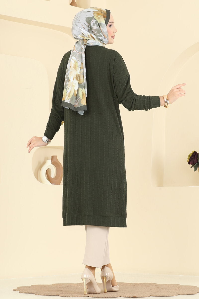 Twisted Knit Cardigan with Emblem - Khaki