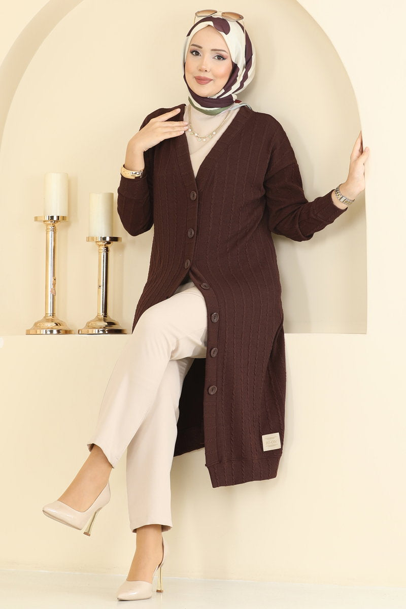 Twisted Knit Cardigan with Emblem - Brown