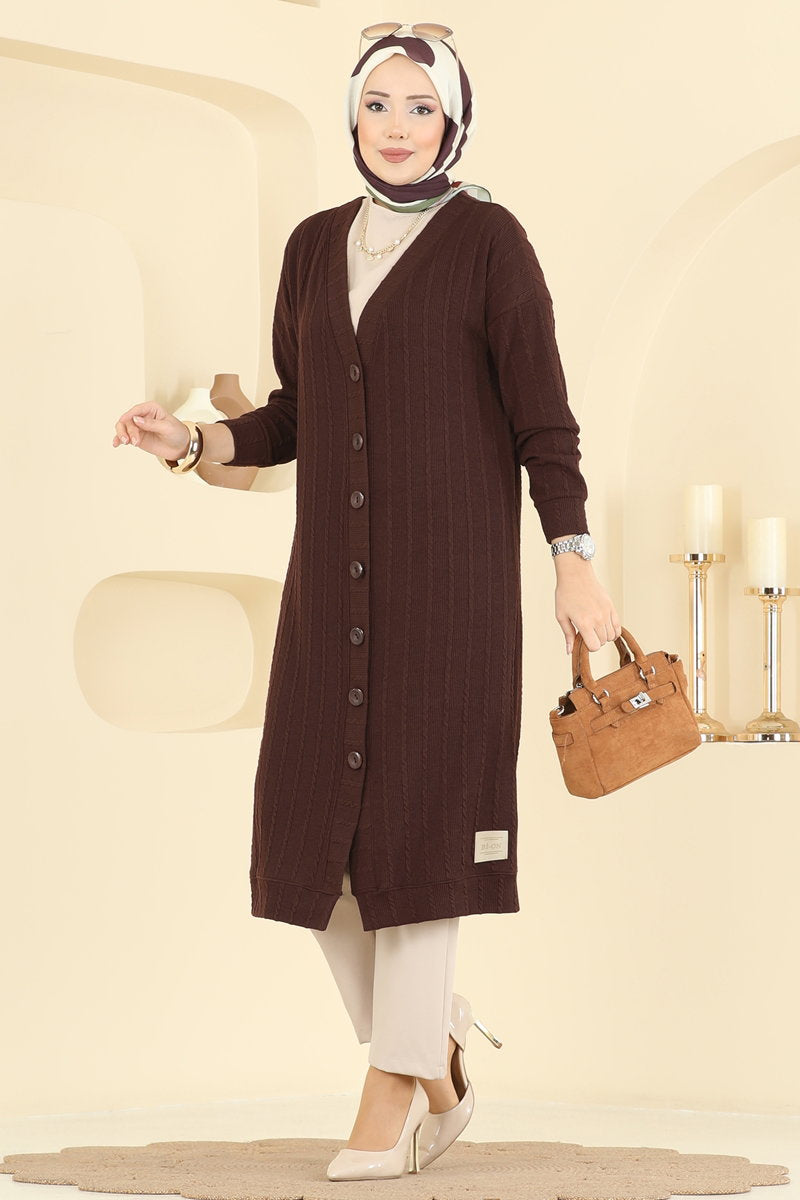 Twisted Knit Cardigan with Emblem - Brown
