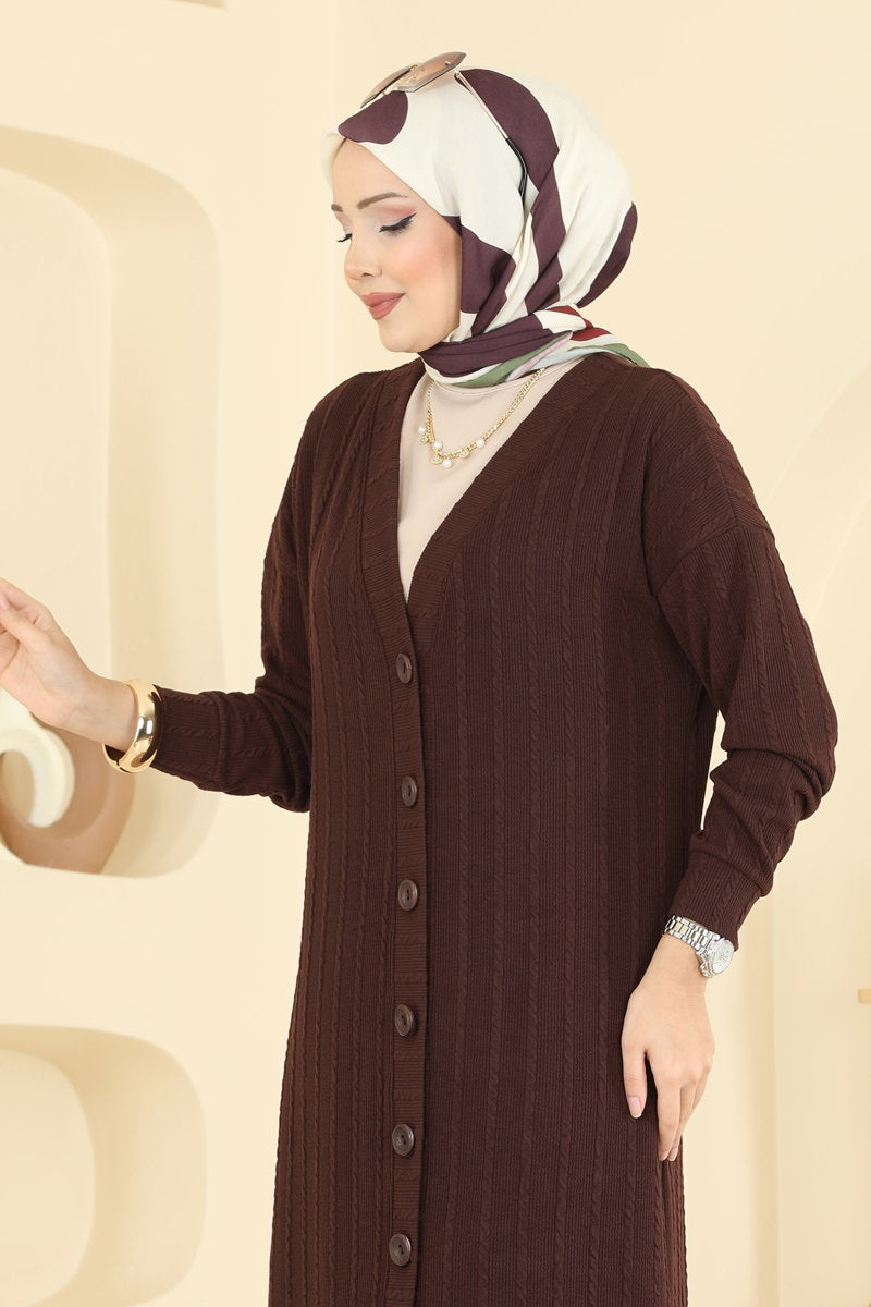 Twisted Knit Cardigan with Emblem - Brown