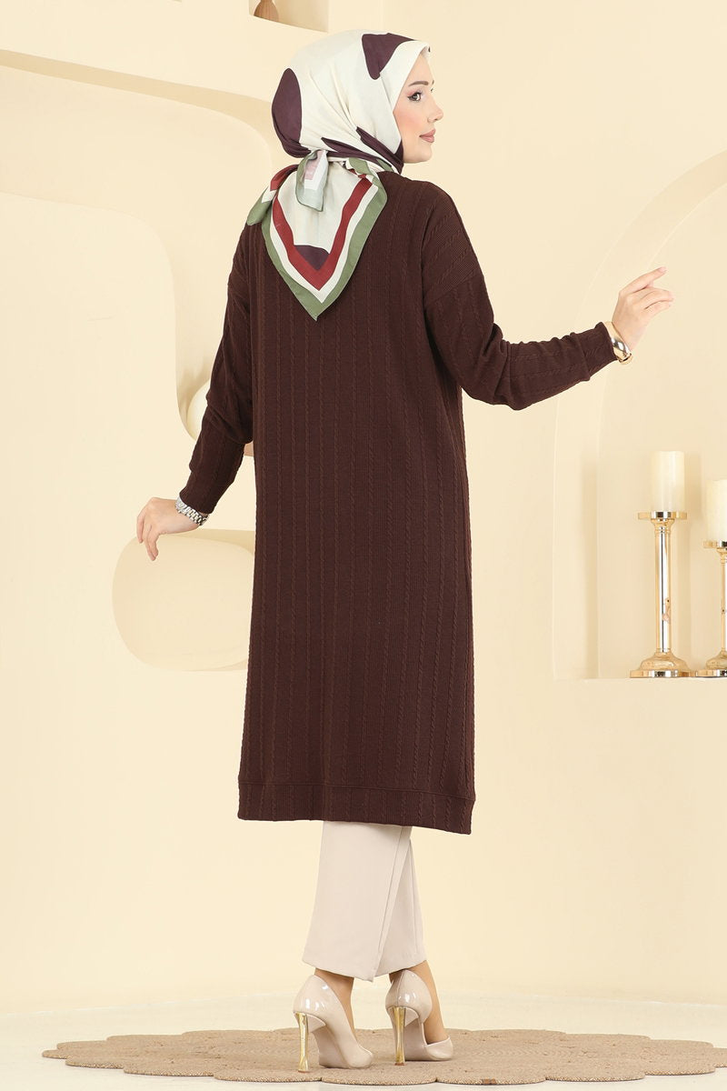 Twisted Knit Cardigan with Emblem - Brown