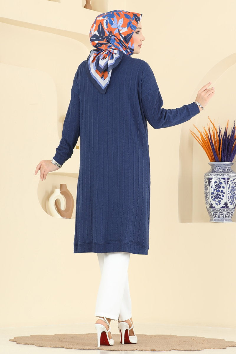 Twisted Knit Cardigan with Emblem - Navy