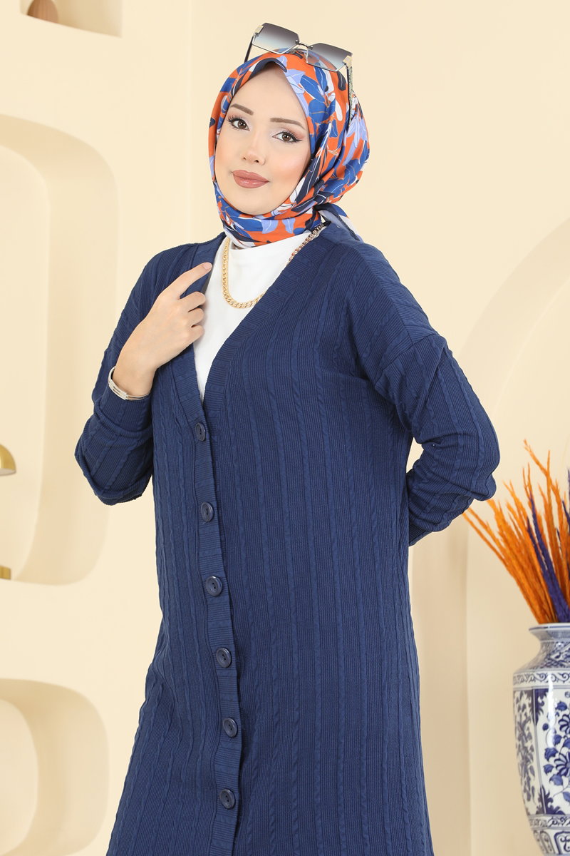 Twisted Knit Cardigan with Emblem - Navy