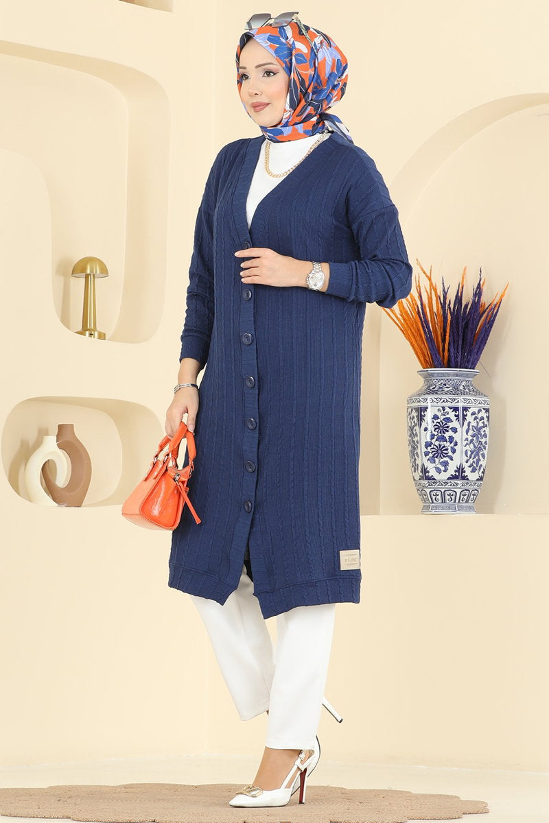 Twisted Knit Cardigan with Emblem - Navy