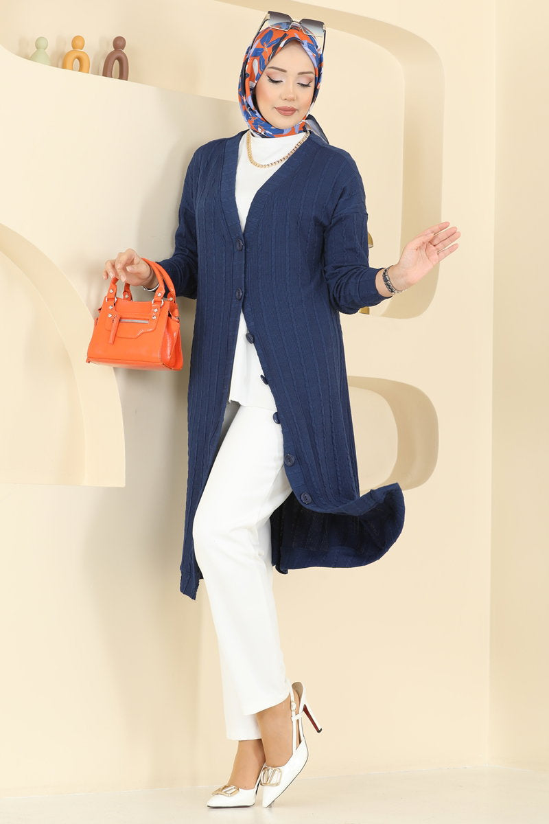 Twisted Knit Cardigan with Emblem - Navy