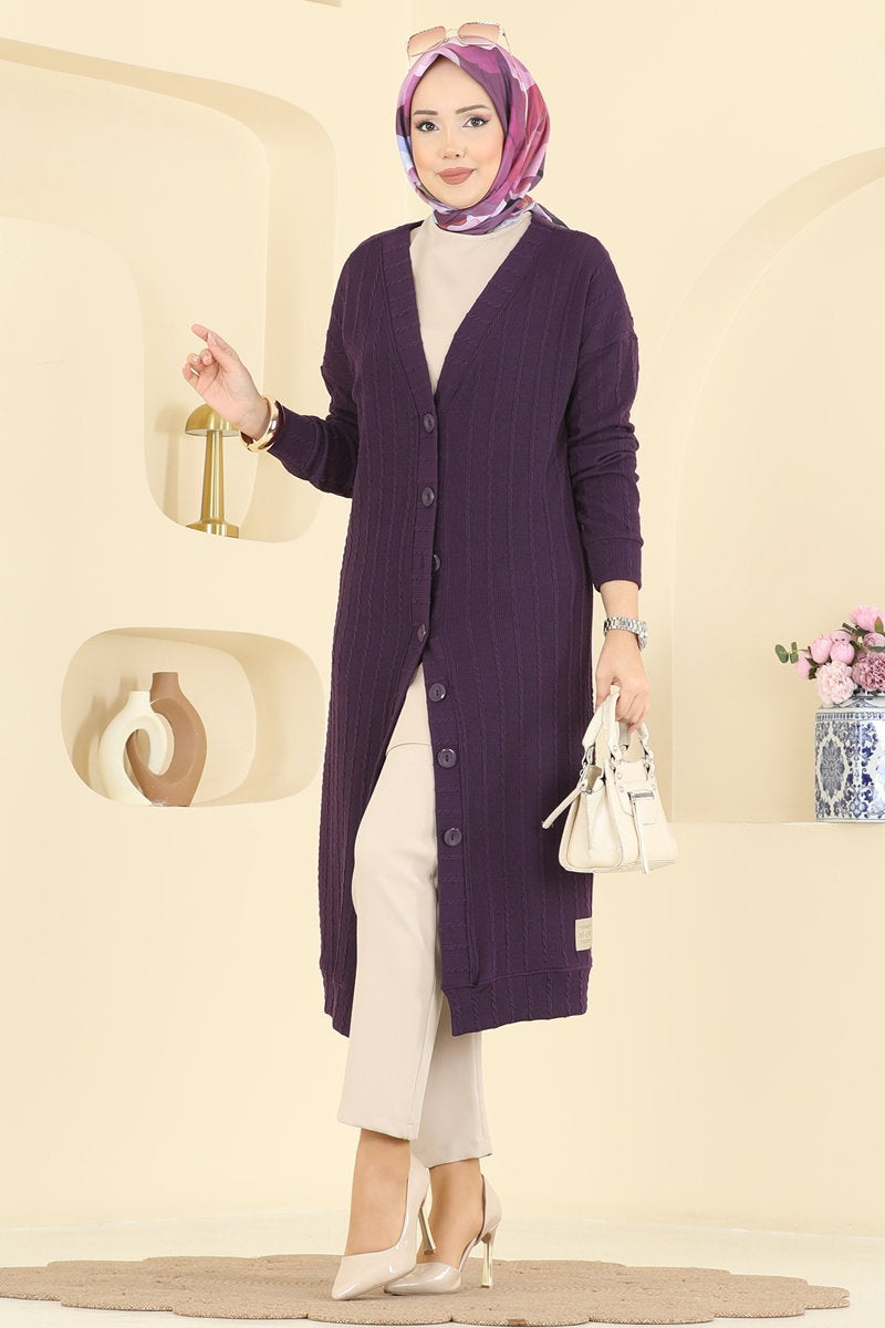 Twisted Knit Cardigan with Emblem - Purple