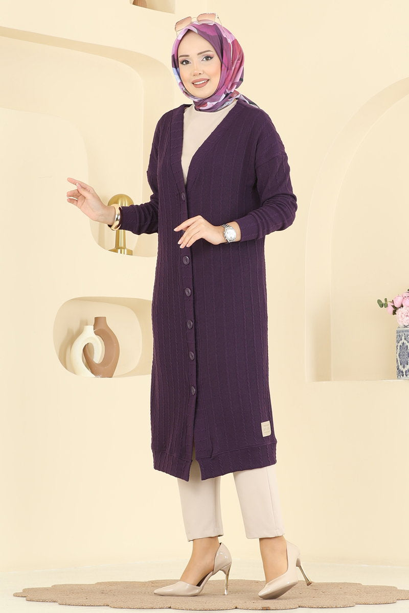 Twisted Knit Cardigan with Emblem - Purple