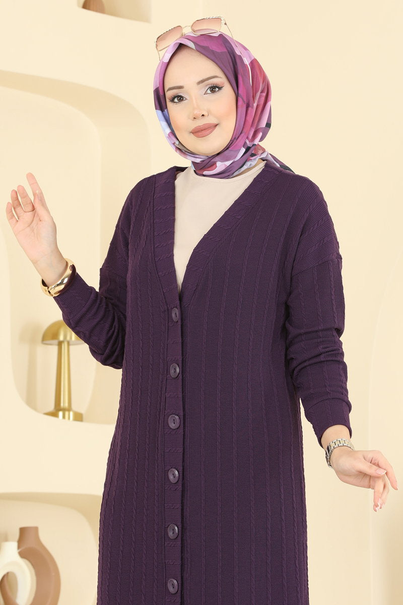Twisted Knit Cardigan with Emblem - Purple