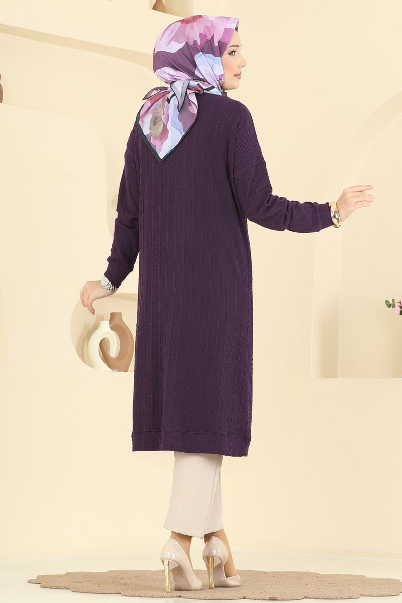 Twisted Knit Cardigan with Emblem - Purple