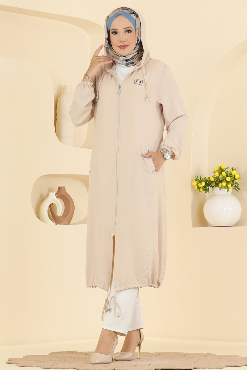 Relaxed Aerobin Cape Coat with Emblem - Stone