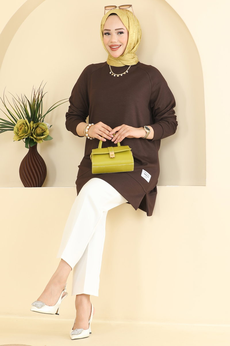 Relaxed Modal Tunic with Emblem - Dark Brown