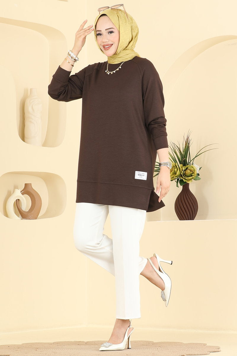 Relaxed Modal Tunic with Emblem - Dark Brown