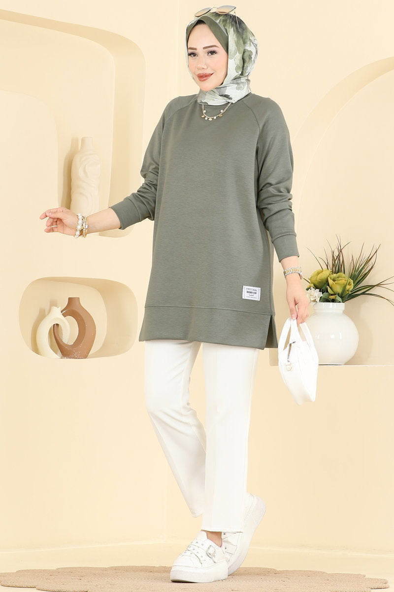 Relaxed Modal Tunic with Emblem - Almond Green