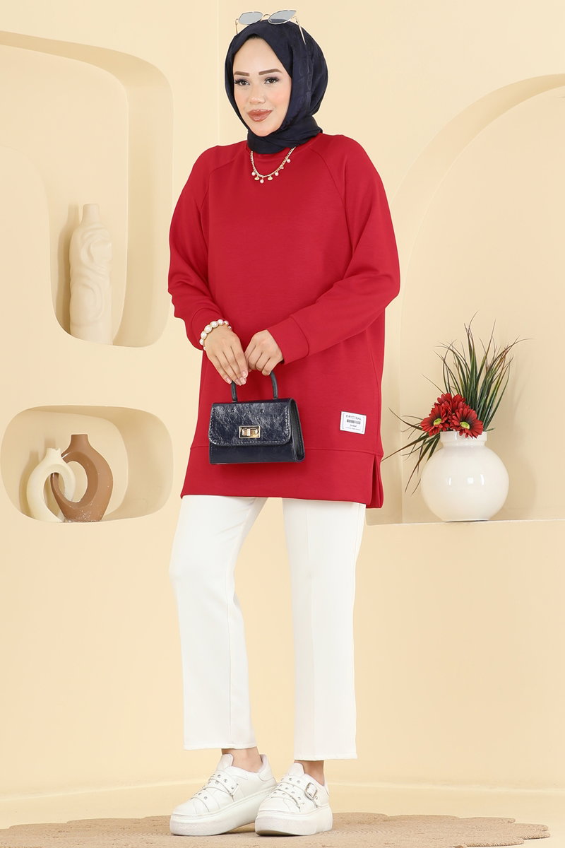 Relaxed Modal Tunic with Emblem - Red