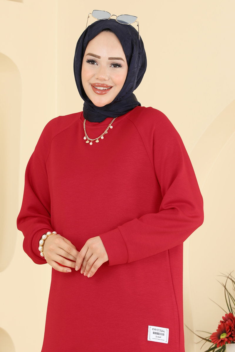 Relaxed Modal Tunic with Emblem - Red