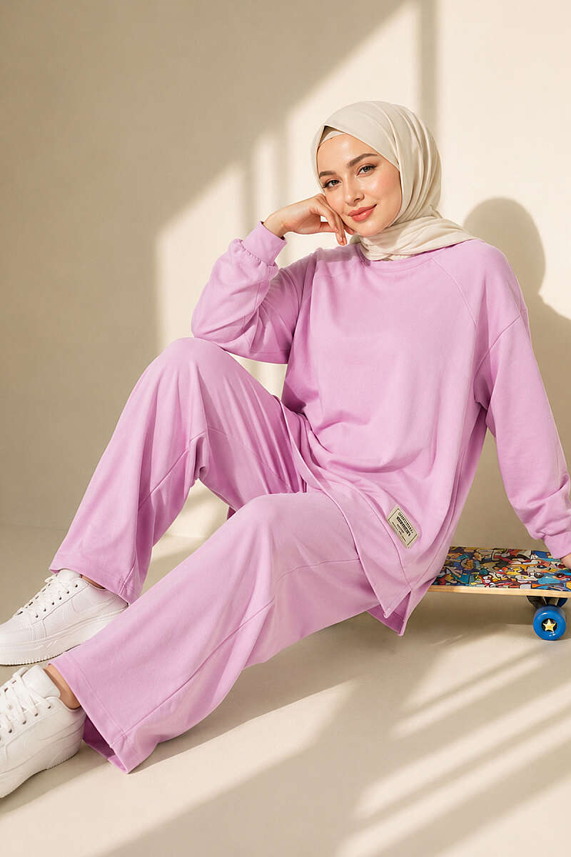Loose Jersey Two-Piece Set with Emblem - Pink