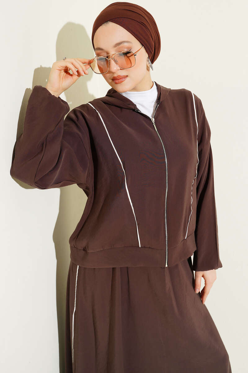 Modal Skirt Set with Badge and Stripe Trim - Brown