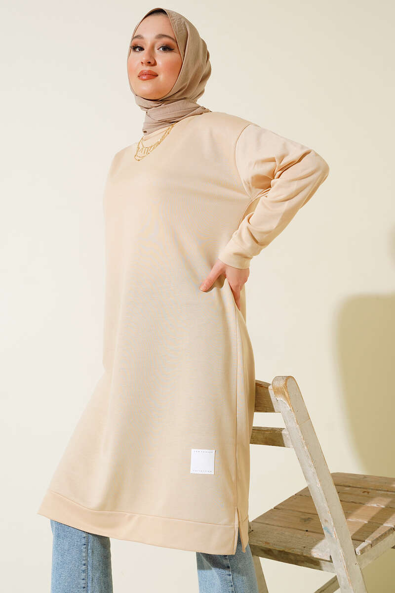Long Tunic with Badge Detail - Beige