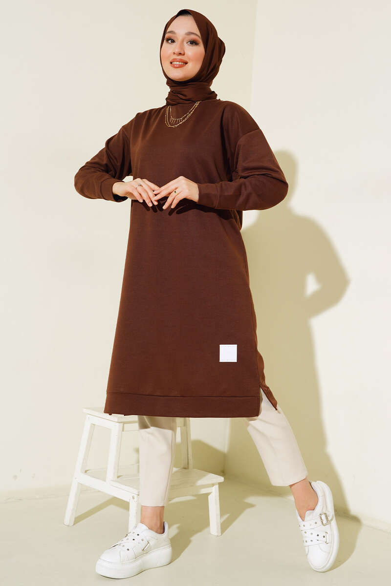 Long Tunic with Badge Detail - Brown