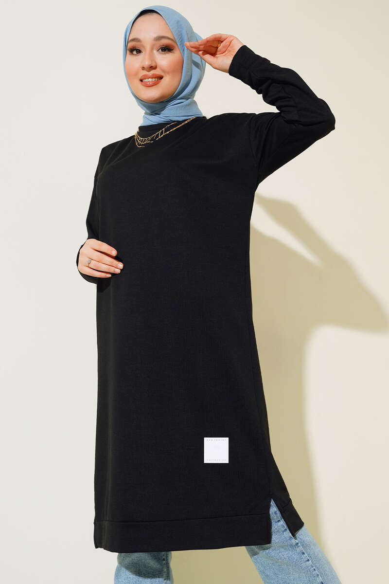 Long Tunic with Badge Detail - Black