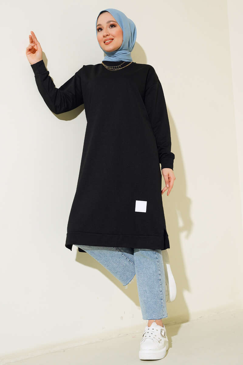 Long Tunic with Badge Detail - Black