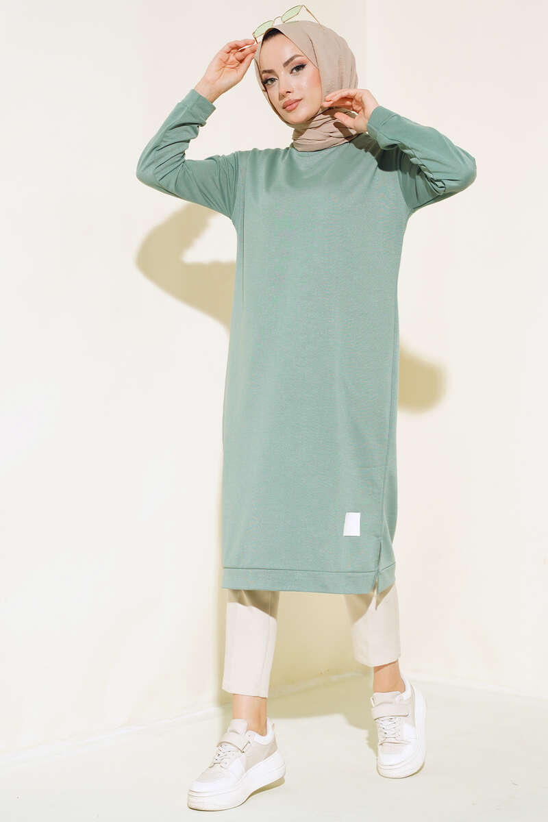 Long Tunic with Badge Detail - Almond Green