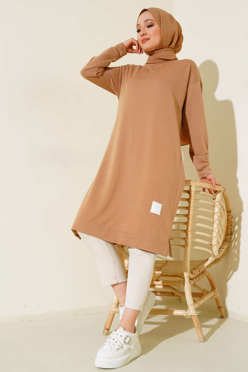 Long Tunic with Badge Detail - Latte