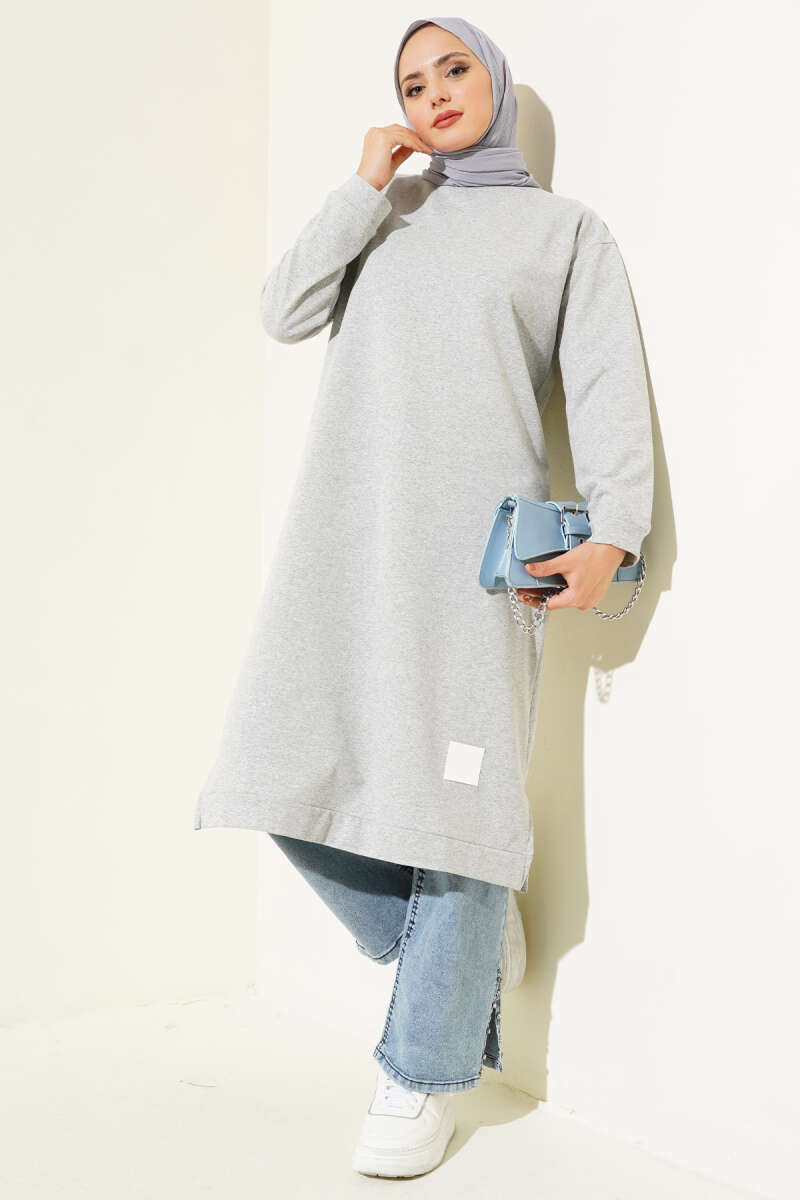 Long Tunic with Badge Detail - Heather Grey