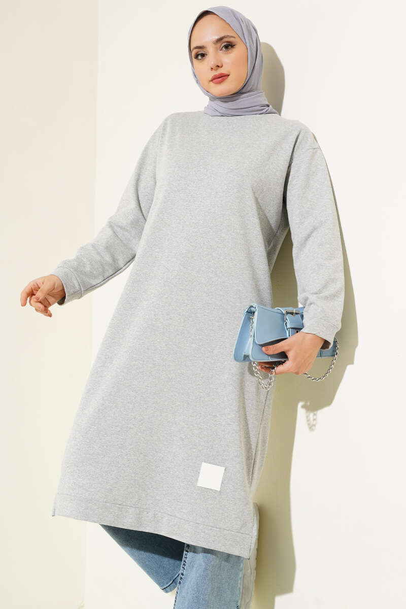 Long Tunic with Badge Detail - Heather Grey