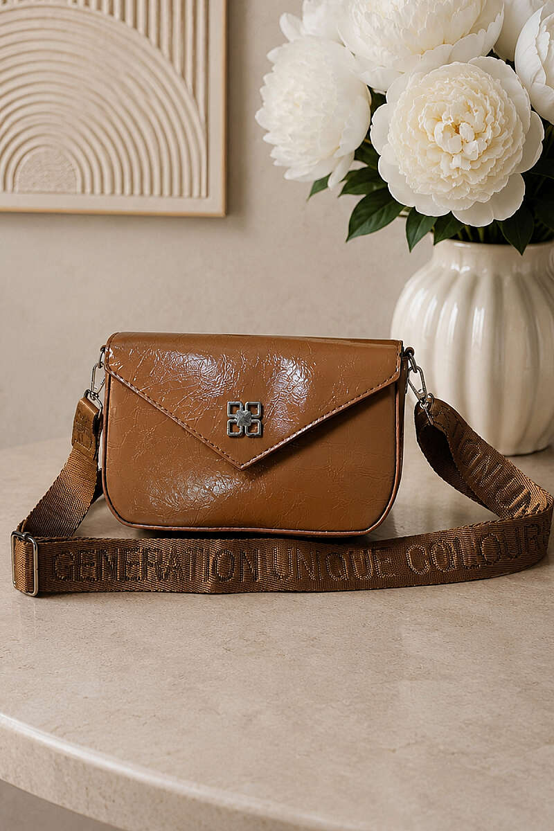Lettering Crossbody Bag with Badge - Tan