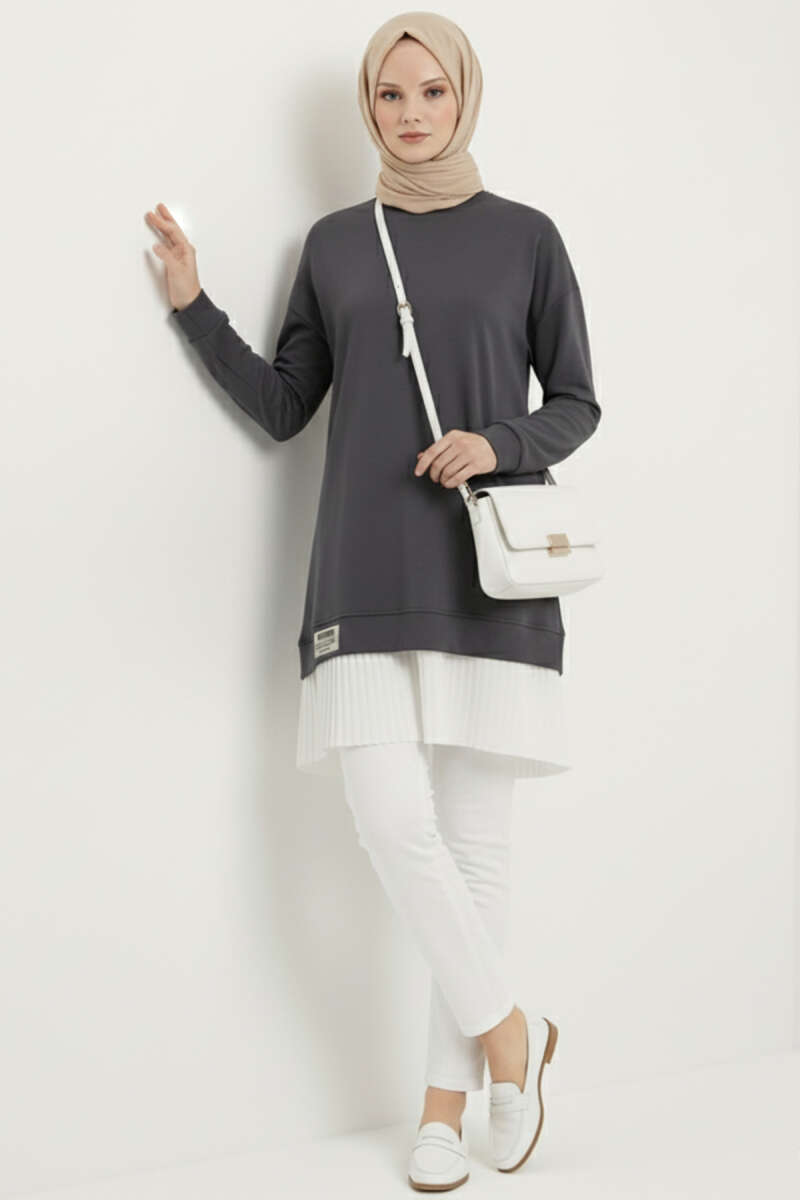 Tunic with Badge and Plissé Hem - Smoke Grey