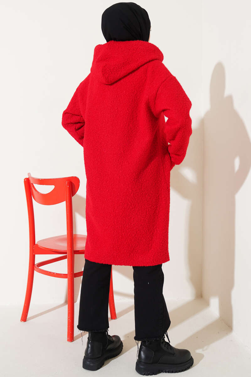 Hooded Bouclé Coat with Badge - Red