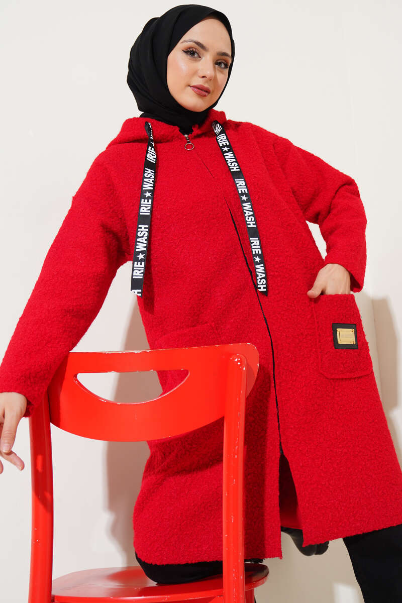 Hooded Bouclé Coat with Badge - Red
