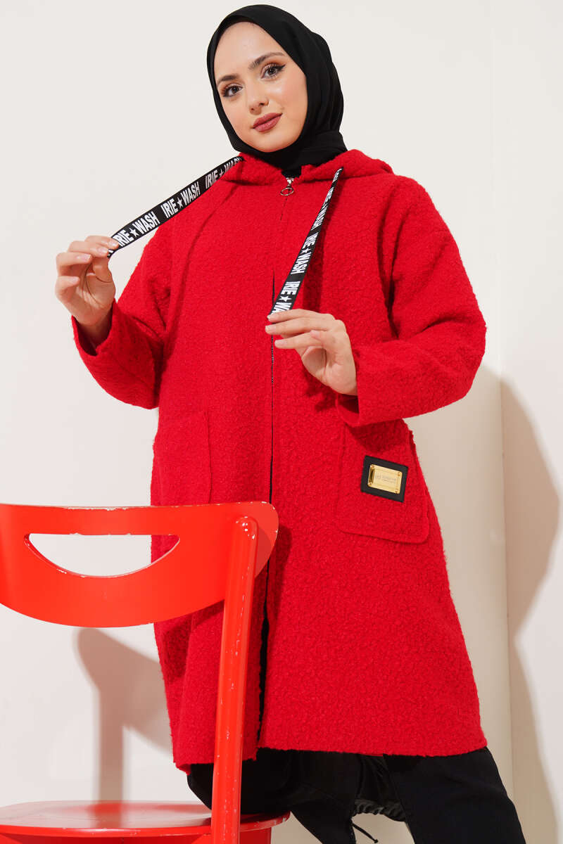 Hooded Bouclé Coat with Badge - Red