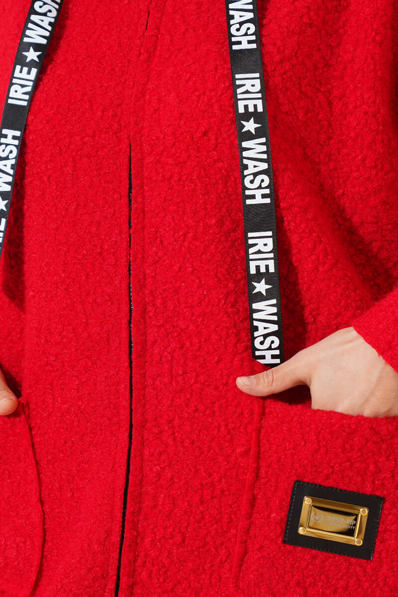Hooded Bouclé Coat with Badge - Red