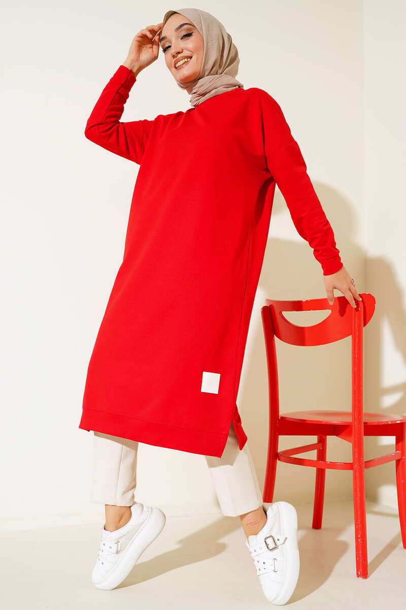 Long Basic Tunic with Badge - Red