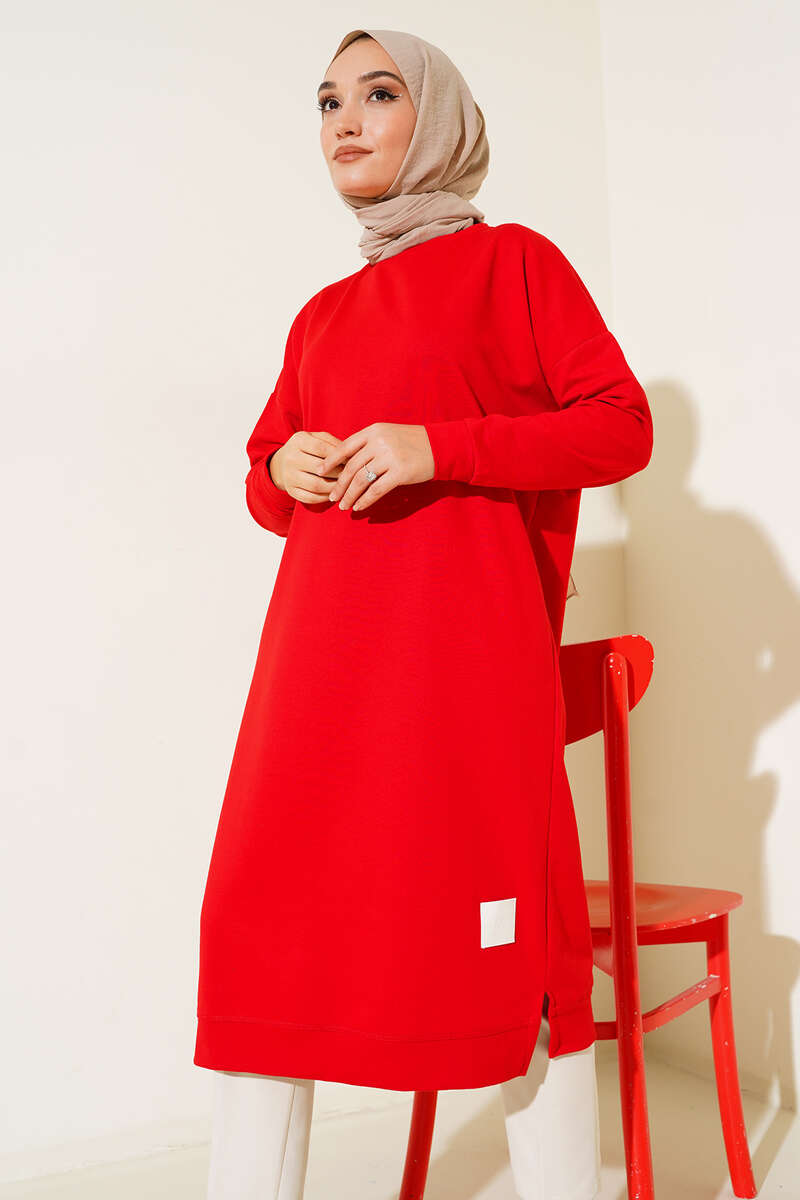 Long Basic Tunic with Badge - Red