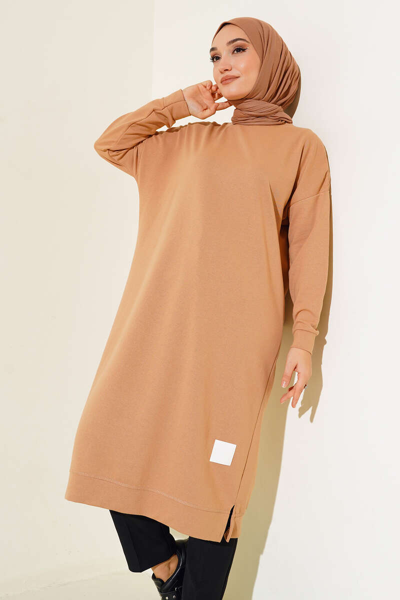 Long Basic Tunic with Badge - Latte