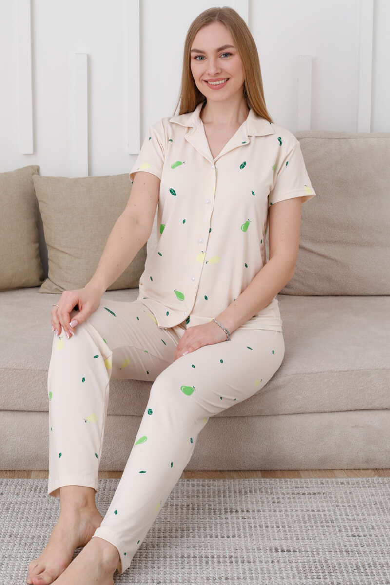 Pear Pattern Button Short-Sleeve Pyjama Set - Beige