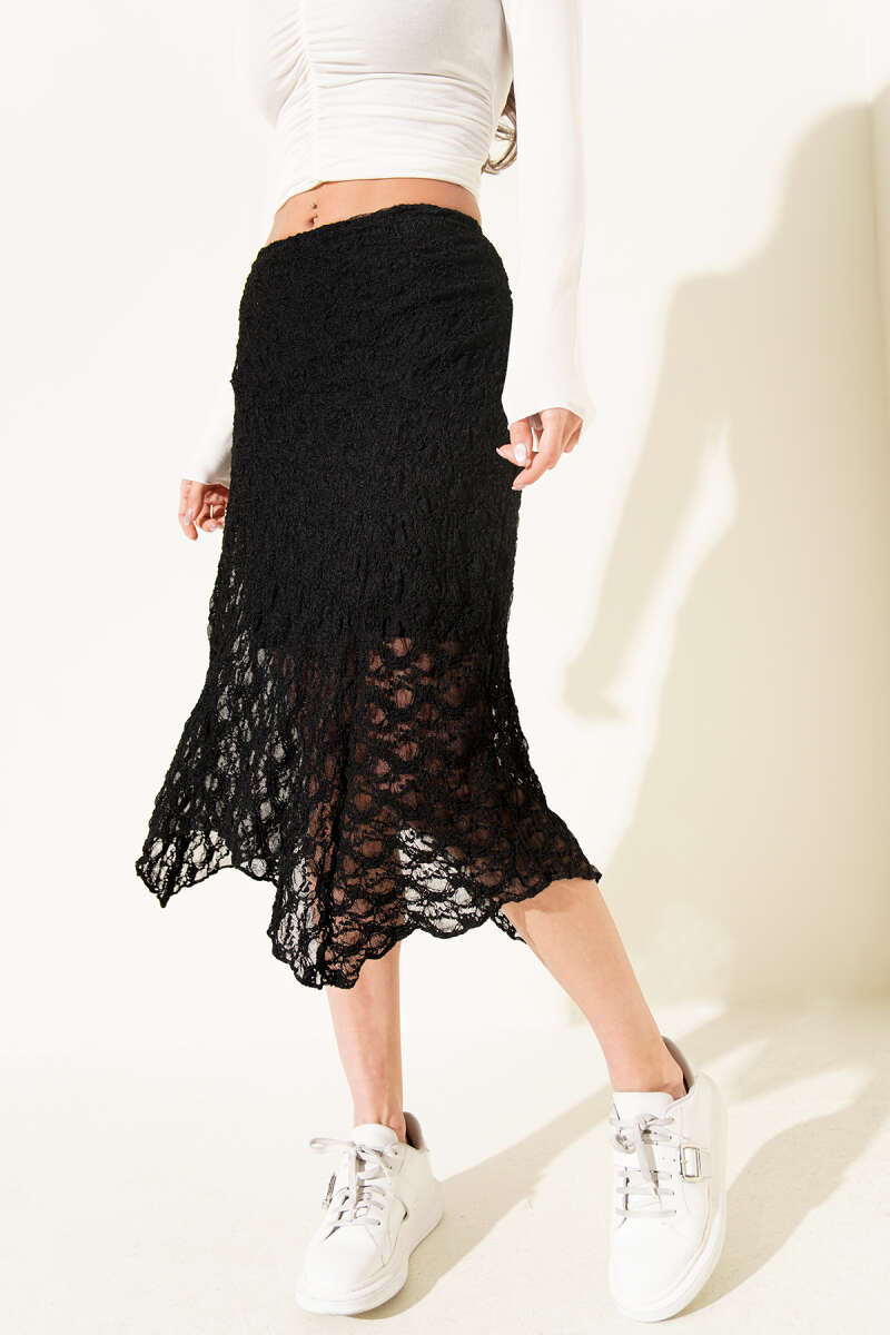 Asymmetric Ruched Midi Skirt - Black