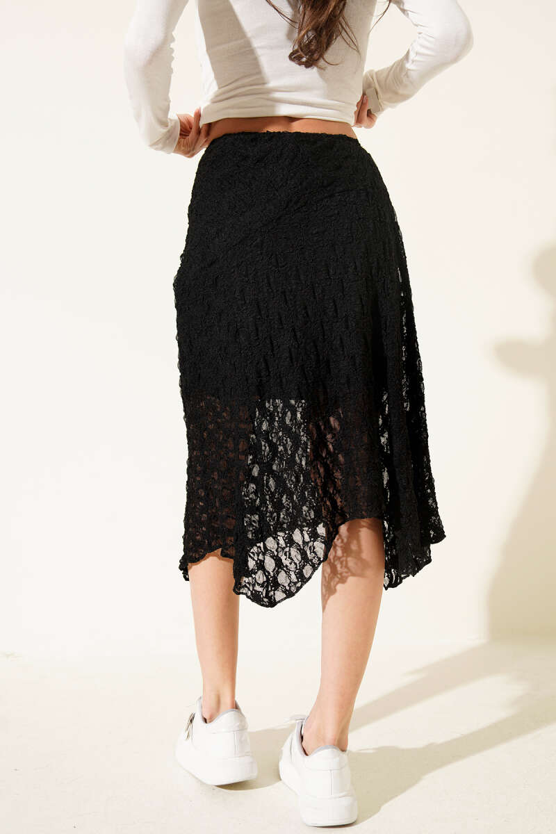 Asymmetric Ruched Midi Skirt - Black